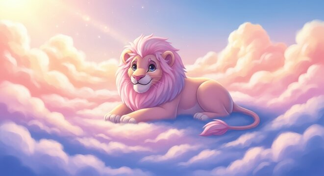 Whimsical pink lion lounging atop ethereal clouds