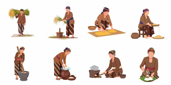 Indonesian Javanese Elderly Woman Traditional Rice Processing and Cooking Illustration Set