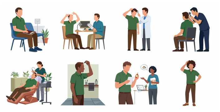 Man Hair Loss Treatment Journey From Consultation to Restoration Vector Illustration Set