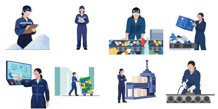 Set of Flat Vector Illustrations of Female Workers in a Plastic Recycling Plant Operating Machinery and Sorting Waste