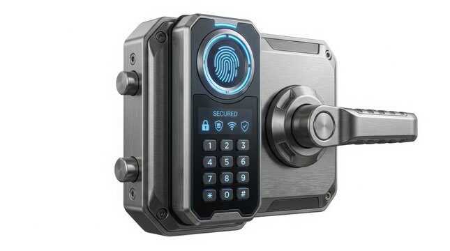 Smart electronic door lock with fingerprint reader and keypad isolated on white background