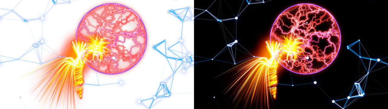 PNG image of Microscopic biological cell fertilization illustration, glowing sperm entering ovum egg, scientific medical visualization of human reproduction isolated on Transparent Background