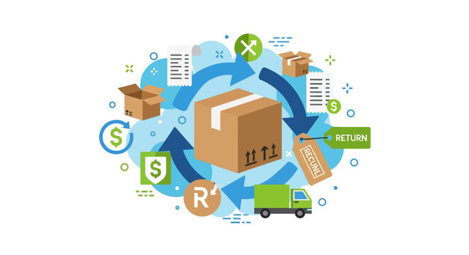Reverse Logistics and Product Return Process Flat Illustration. Conceptual E-commerce Supply Chain Cycle with Cardboard Boxes, Delivery Truck, and Refund Icons.