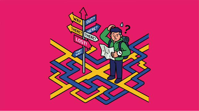 Confused woman at crossroads.