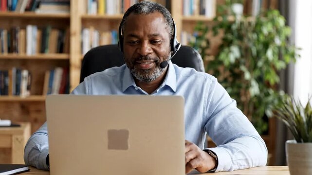 African american man with headset and laptop doing remote work from home office during smiling online meeting and video call customer support