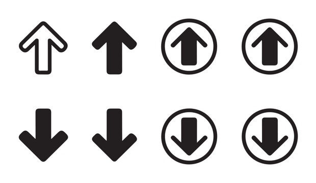 Simple pixel art arrow set with up and down directions inside circle frames for interface.