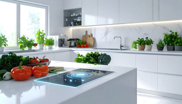 Futuristic smart kitchen with fresh vegetables on island.