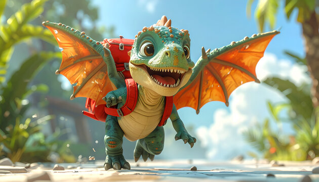 Flying dragon dinosaur with red backpack outdoors.