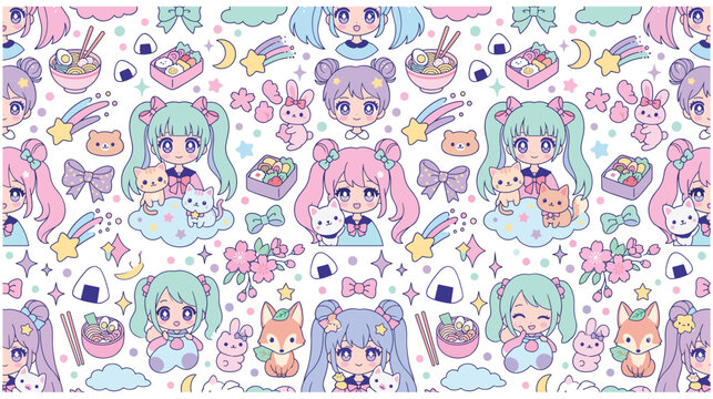 Cute kawaii anime girl character seamless pattern with pets and food.