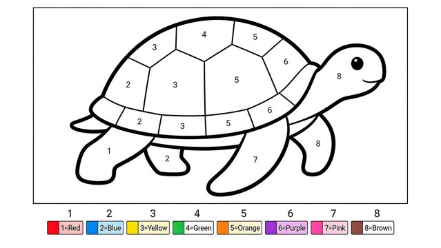 Black and white coloring page of a walking turtle for kids, color-by-numbers style, white background.