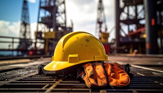 Yellow Hard Hat and Orange Work Gloves Resting on Industrial Metal Grate at Offshore Oil Rig Site with Blurred Machinery and Blue Sky Background, Safety Equipment Detail