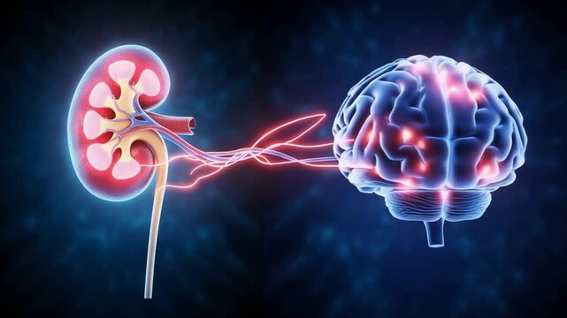 Human kidney and brain connection digital representing the gut brain axis and renal neurological interaction in medical science