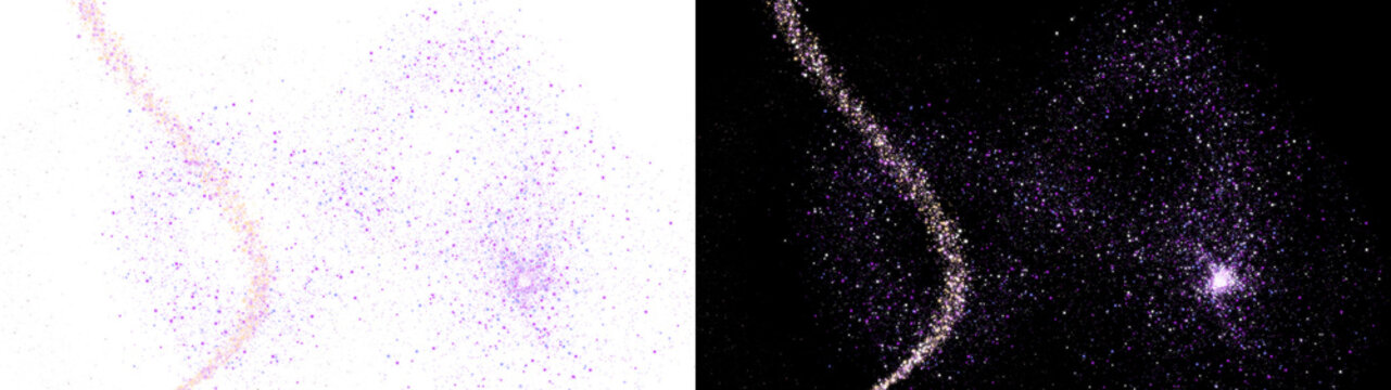PNG image of Sparkling purple glitter dust trail, shimmering magic particles on dark and light backgrounds, glowing stardust wave for festive celebration isolated on Transparent Background