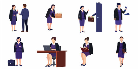 Fototapeta premium Businesswoman character set in various office situations, including working on laptop, talking on phone, and corruption scene, flat vector illustration