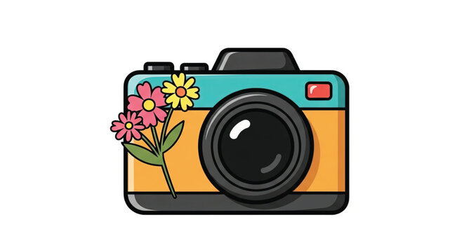 Camera with colorful flower decoration.