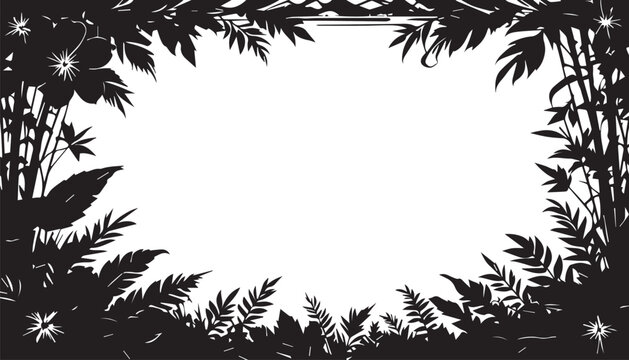 Foliage frame consists of detailed tropical leaves and exotic flower silhouettes that create a vibrant natural border around a spacious white center area for custom text or imagery.