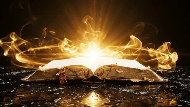 Magical open book with glowing golden light and swirling smoke effects for fantasy and mystery concepts