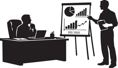 silhouette of boss sitting at executive desk while employee stands presenting © Hasher