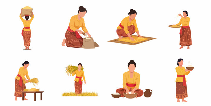 Set of Indonesian women in traditional kebaya harvesting and processing rice flat vector illustration