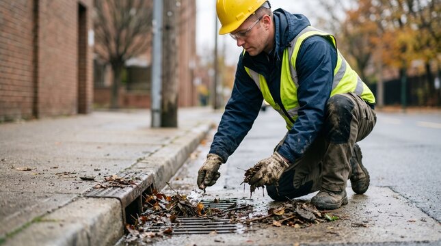 Worker cleans clogged storm drain with leaves and debris to prevent flooding and manage urban water flow