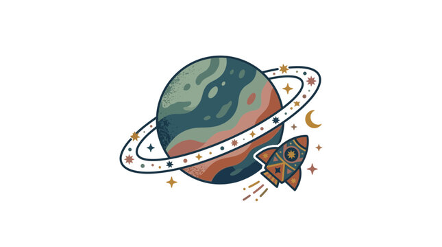 Retro Celestial Space Illustration Featuring Planet with Rings and Rocket Ship