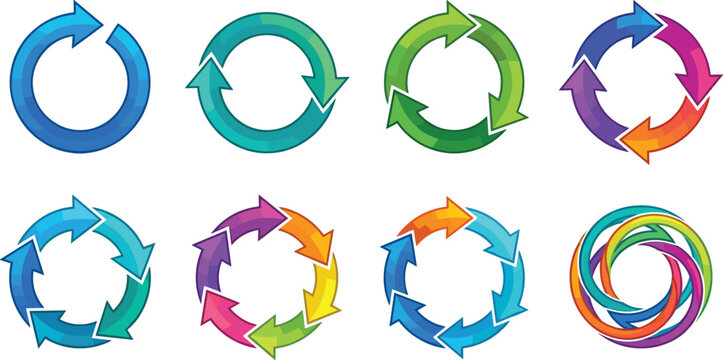 Colorful Circular Arrow Icon Collection Featuring Refresh, Reload, Recycle, Repeat, and Rotation Symbols for Web and App Interfaces