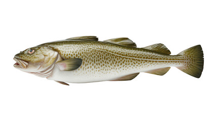 Obraz premium Single atlantic cod fish with spotted skin and silver scales, isolated on a white background, detailed marine life specimen for biology study