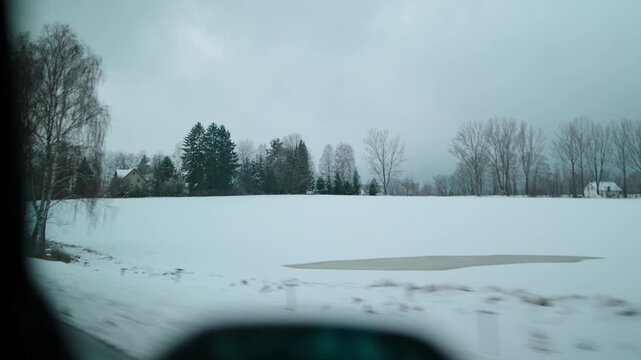View from car windshield while driving home through Czech countryside after winter trip. Handheld footage walking through forest near Macha Lake in winter. Natural outdoor exploration.