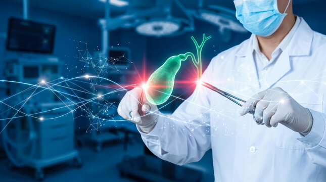 Surgeon holding a digital 3d model of a human gallbladder in a modern operating room