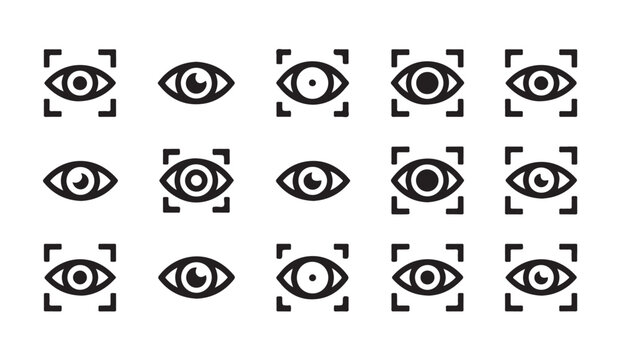 Eye icon collection for vision and scanning, modern design in black and white.