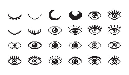 Fototapeta premium Pixel art eyes with eyelashes and closed eyelids, graphic design elements isolated.