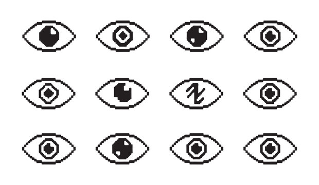 Collection of pixel eye icons with geometric shapes and patterns, digital art vector.