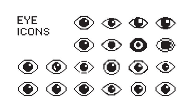 Eye icons collection in pixel art style, graphic design elements, digital art vector.