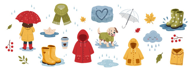 Naklejka premium Cute Set of autumn rain elements with umbrellas, raincoats, boots, puddles and paper boats, leaves. 