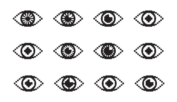 Collection of pixel eye icons with unique iris patterns for digital interfaces and creative projects.