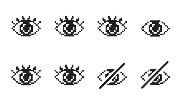 Pixel eye icons showing open eyes and crossed out eyes for visibility and privacy concepts.