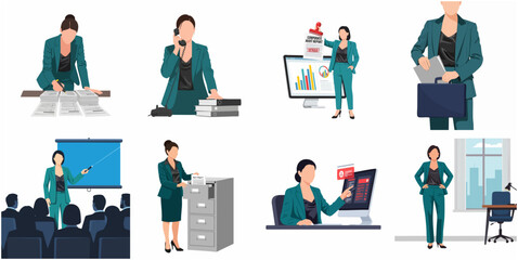 Fototapeta premium Collection of Businesswoman Flat Illustrations in Various Office Work Activities and Corporate Audit Scenarios