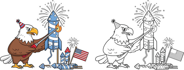 Patriotic Eagle Lighting Firework Cartoon and Coloring Page