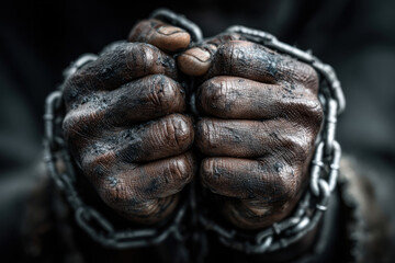Fototapeta premium Chained Hands Close Up Concept of Slavery Oppression and Human Rights Abuse