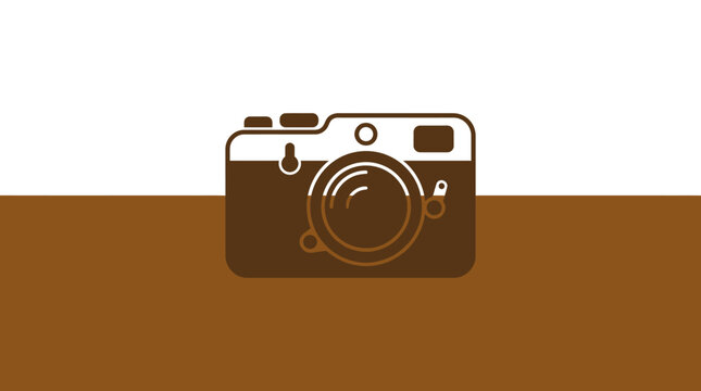 A brown graphic illustration of a camera on a brown and white background.