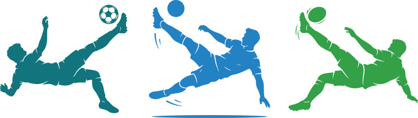 Football Bicycle Kick Players Bundle, Acrobatic Soccer Action Silhouette Vector Illustration Set © MINHAJUR