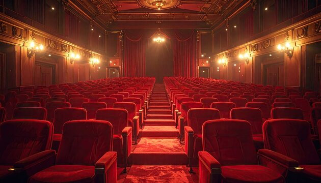 Grand theatre interior rows of red seats under warm lighting