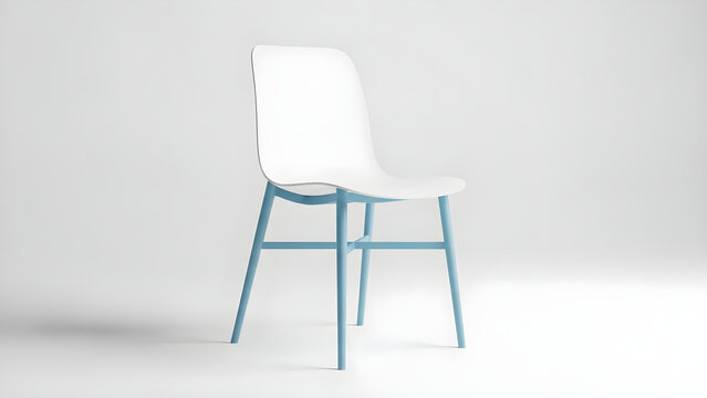 A sleek white chair with blue legs stands alone in a minimalist room interior.