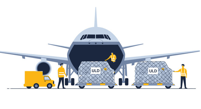 Air Cargo Plane Loading with ULD Containers and Logistics Workers. Vector Illustration of Global Freight, Supply Chain Management, and Aviation Ground Crew Services.