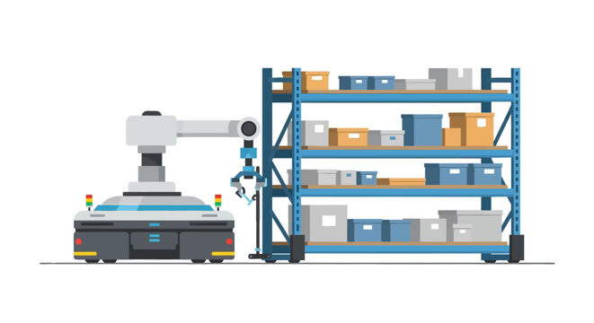 Smart Logistics Automation with Autonomous Mobile Robot Arm Picking Goods from Warehouse Shelves Vector Illustration
