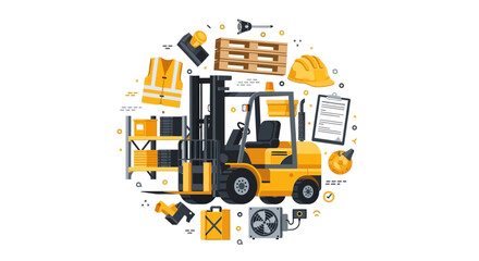 Naklejka premium Industrial Warehouse Logistics Concept with Forklift, Pallet, and Distribution Equipment Illustration