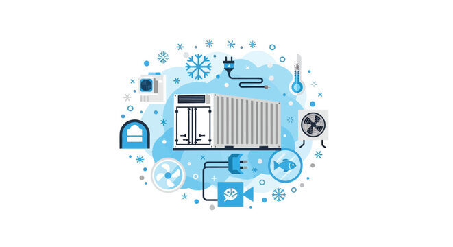 Refrigerated Shipping Container Reefer Cold Chain Logistics Illustration. Temperature Controlled Transport Concept with Cooling Icons, HVAC, and Frozen Food Storage.