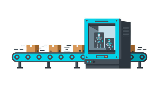 X-ray Security Scanner Illustration of Boxes on Conveyor Belt Showing Human Skeletons. Logistics and Security Inspection Concept for Shipping and Illegal Transport.