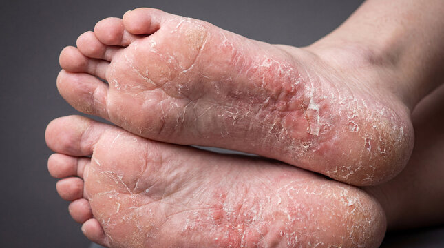 Close-up of severe athlete's foot, a fungal infection causing dry, peeling, and cracked skin on the soles of feet