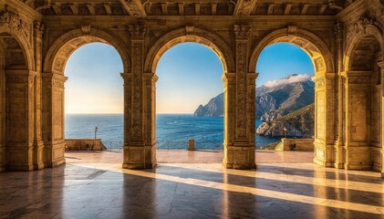 Fototapeta premium Stunning coastal vista through elegant stone arches, with dramatic mountains meeting the clear blue sea under a bright sky, bathed in golden sunlight and shadow patterns